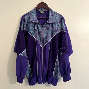 Vintage 90s Colorblock Retro Paisley Western Boho Windbreaker, Purple/Teal- L